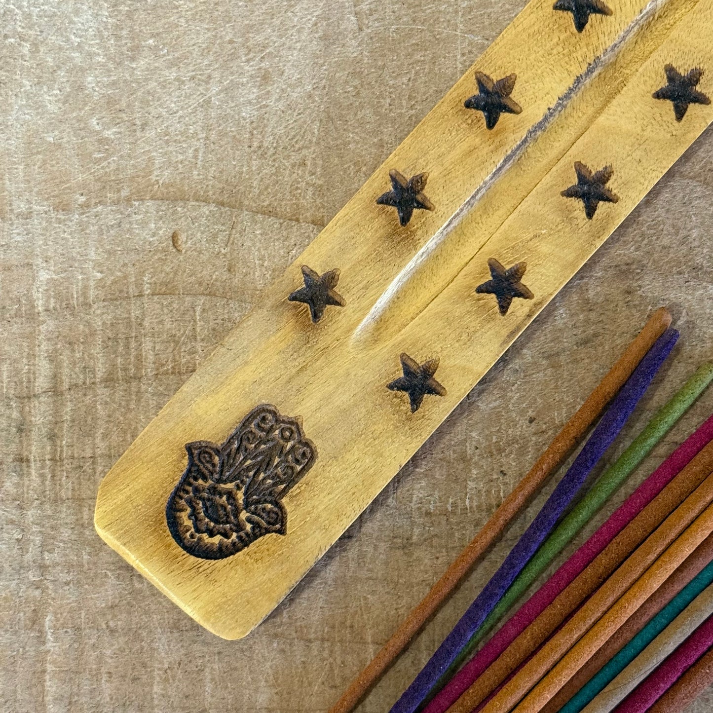 Natural mango wood incense ashcatcher with hand carved Hamsa design 26cm