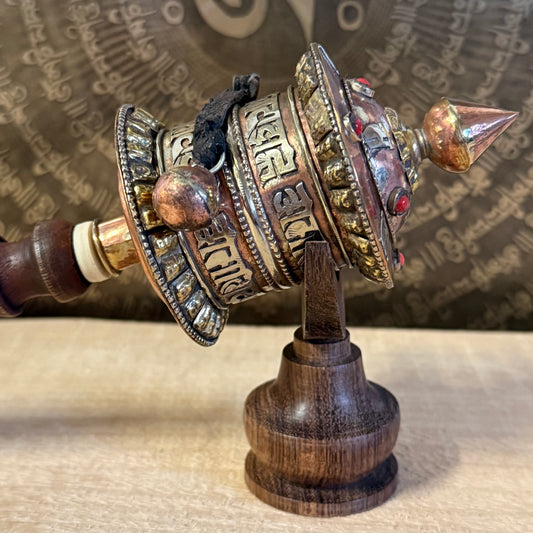 Medium Tibetan Prayer Wheel with Om Mani Padme Hum mantra scroll, hand-held Mani wheel from Nepal