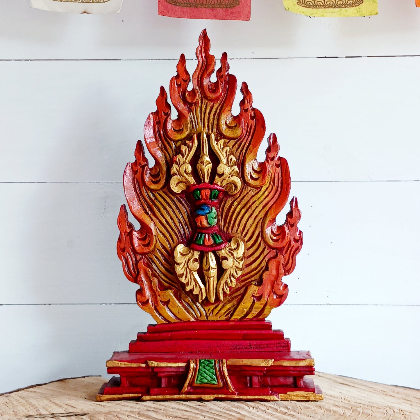 This handcrafted wooden Tibetan Altar decoration stands as a testament to skilled artistry.