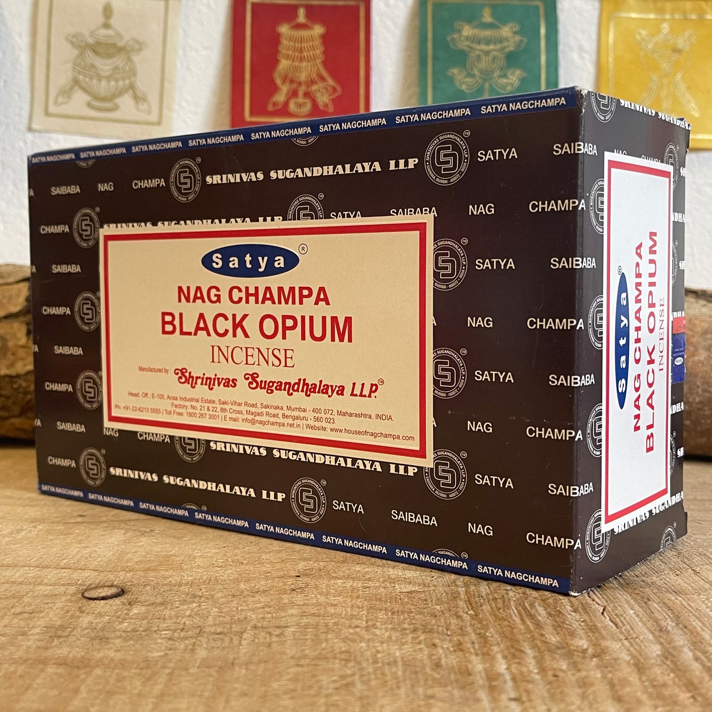 Black Opium Incense from the Shrinivas Sugandhalaya factory. The Nag Champa Collection is the most famous brand of incense in the world by far. It is traditionally made from a sandalwood base to which are added a variety of flower oils. The brand is used everywhere in Buddhist temples as a wonderful aid to personal meditation in ritual or spell work as part of a cleansing or just to create a wonderful relaxed and pleasant ambience in the home. 