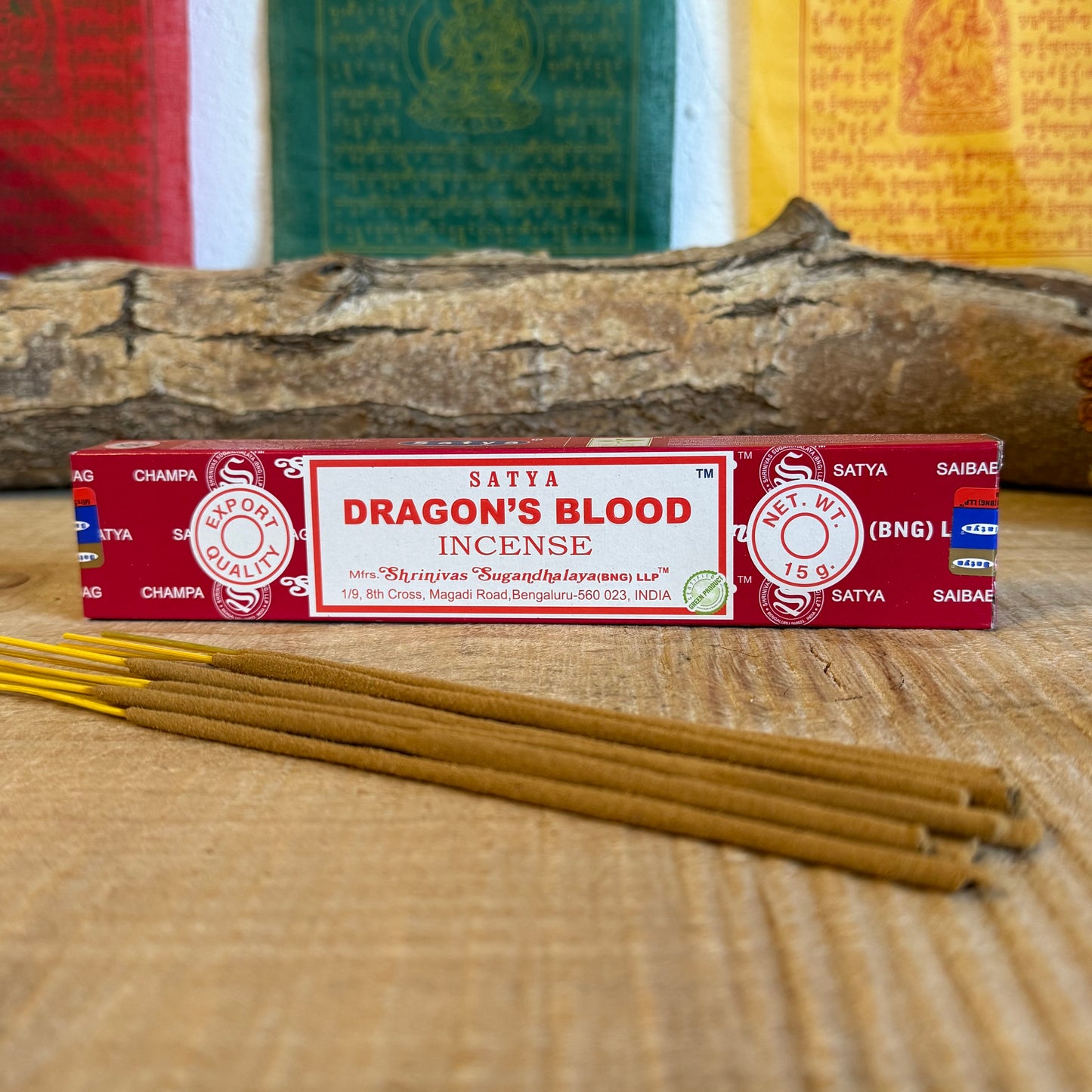 Dragons Blood Incense from the Shrinivas Sugandhalaya factory. The Nag Champa Collection is the most famous brand of incense in the world by far. It is traditionally made from a sandalwood base to which are added a variety of flower oils. The brand is used everywhere in Buddhist temples as a wonderful aid to personal meditation in ritual or spell work as part of a cleansing or just to create a wonderful relaxed and pleasant ambience in the home. 