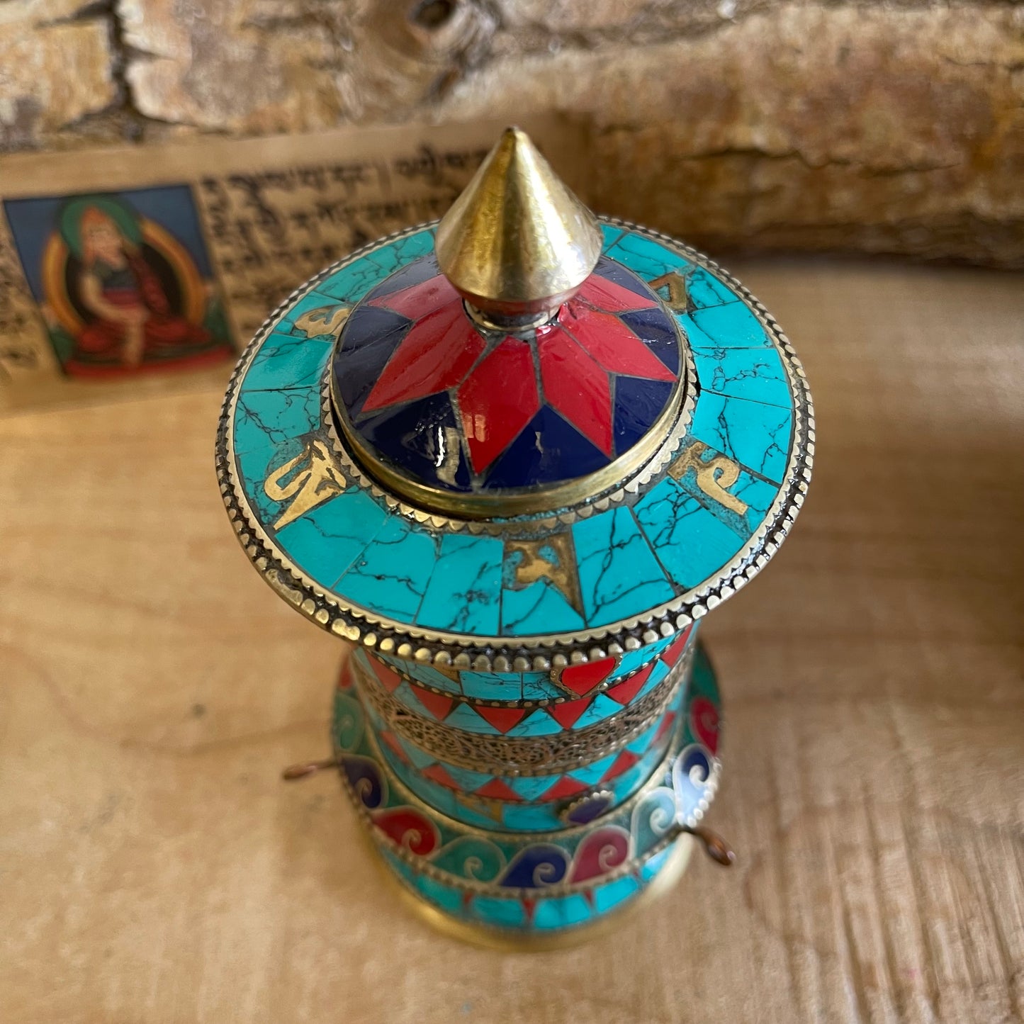 Prayer Wheel with Om Mantra & Stone Chip | 16cm Copper & Brass