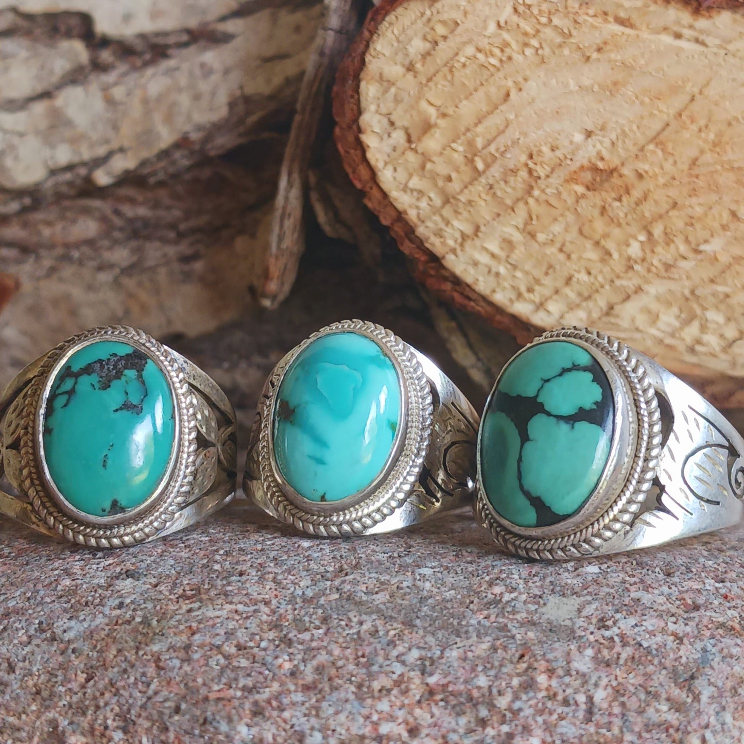 These beautiful decorative Tibetan turquoise rings are hand crafted with Sterling Silver 925 intricate surround design.