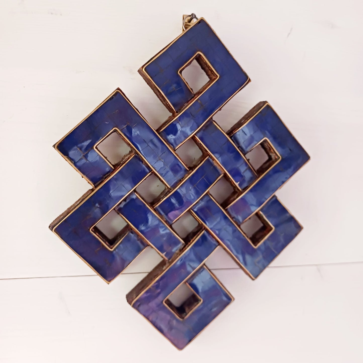 Tibetan Lapis decorated Endless Knot wooden wall décor 20cm x 16cm