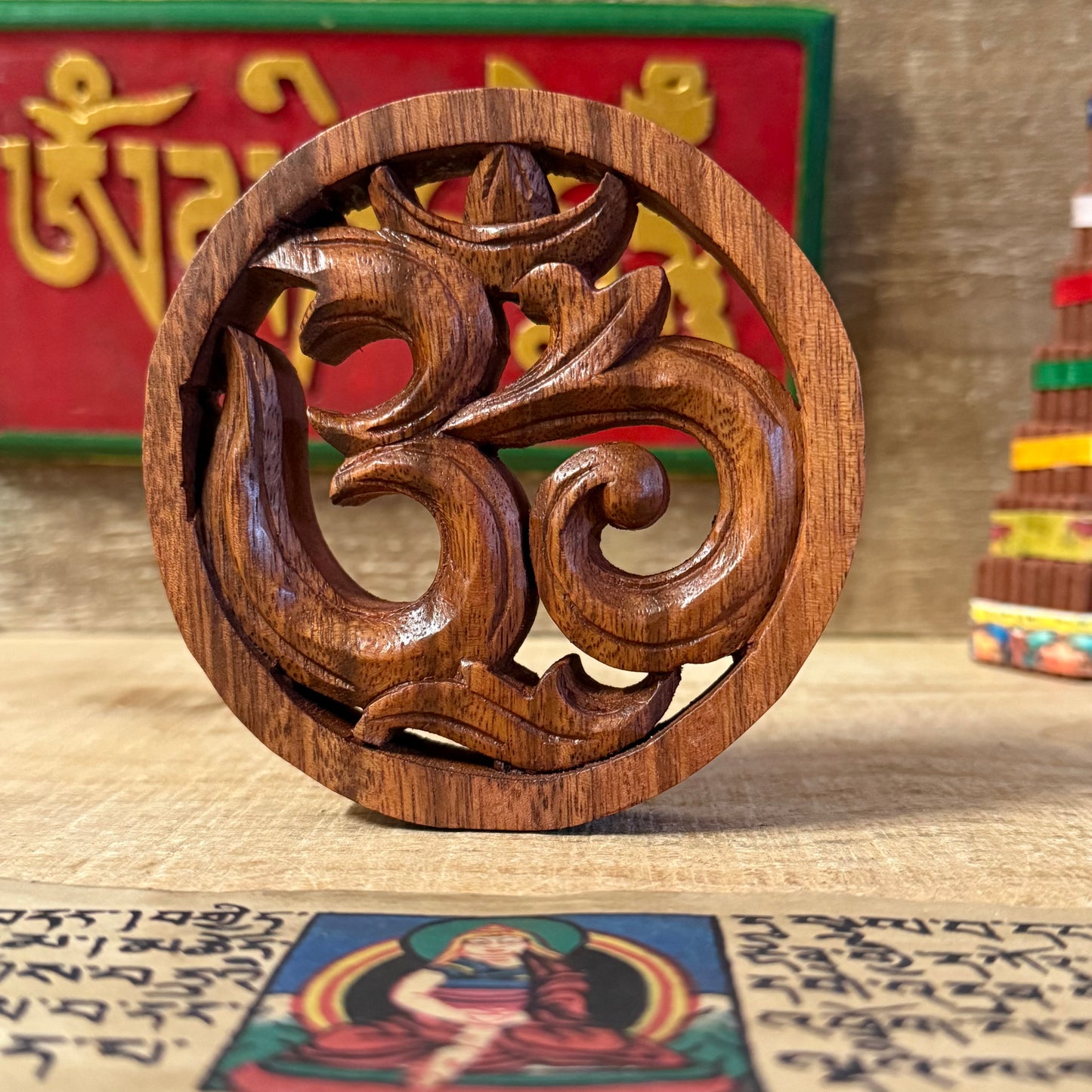 Hand Carved Wooden Om Wall Hanging – Suar Wood Spiritual Symbol Plaque (10cm)
