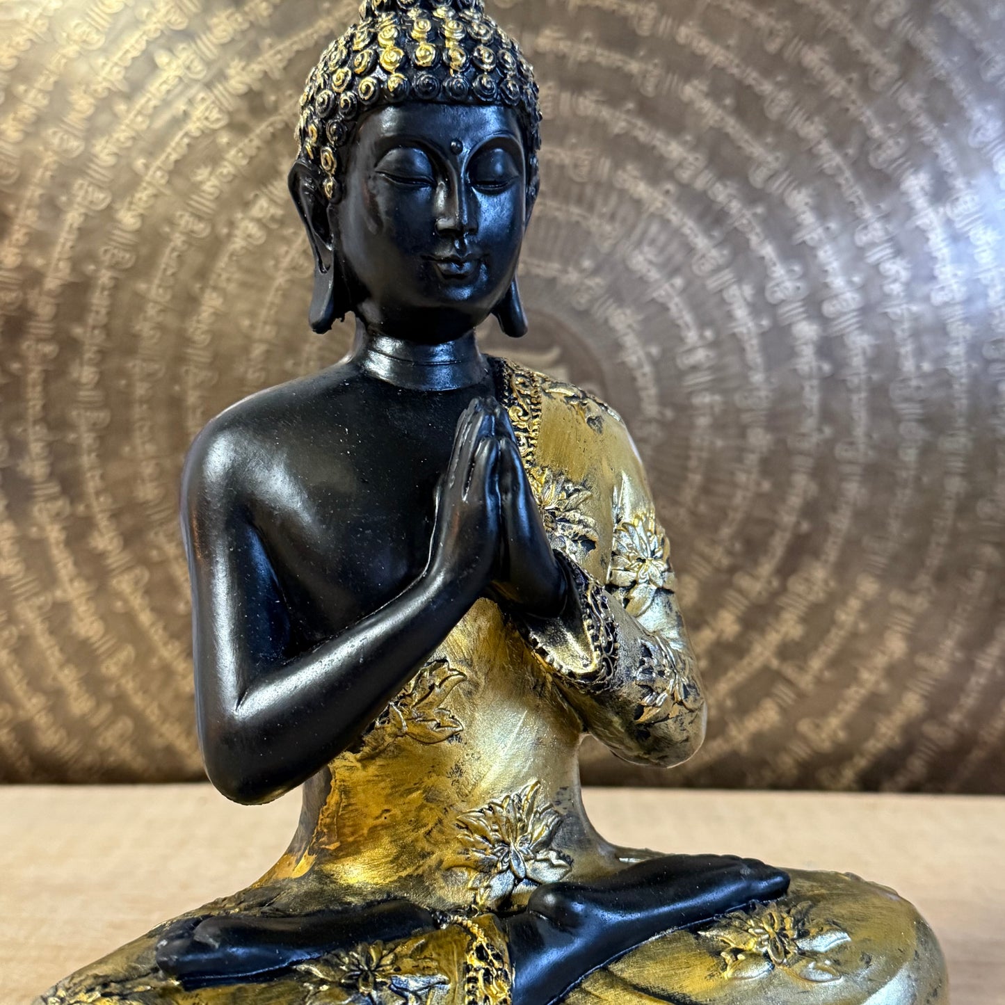 Praying Buddha Thai style antique finish statue 22 cm with Anjali mudra.