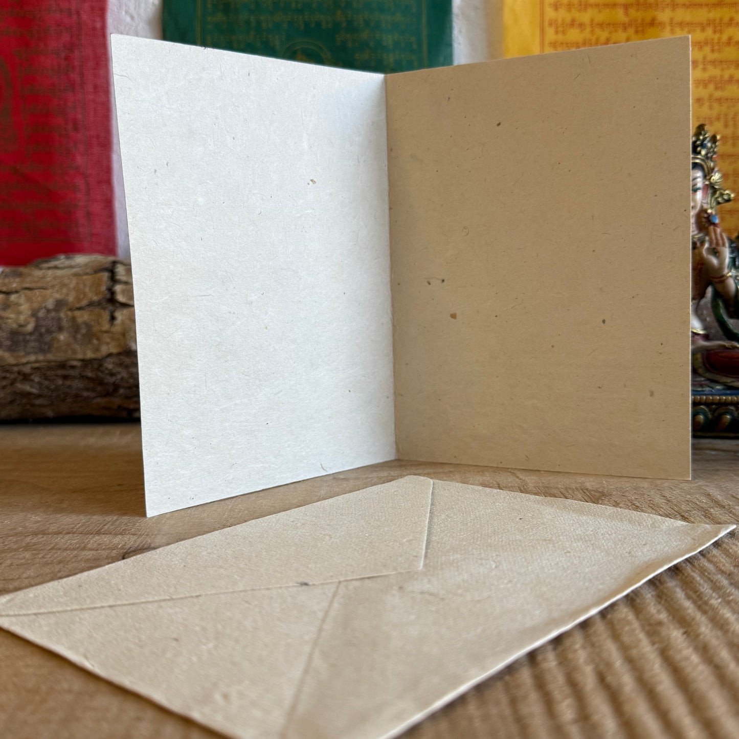 Lokta Paper greetings Card Lotus Padma
Beautifully coloured and decorated greetings card, made from Lokta paper. Lokta paper making is a traditional practice from the high altitude Himalayan forests of Nepal. The Lokta bush is a fast growing shrub and the paper making process helps to provide economic stability for some of Nepal's poorer rural people.
Lokta paper card with envelopes
Made from a sustainable plant source
Fair Trade from Nepal
Size: 15.5 x 11.5 cm