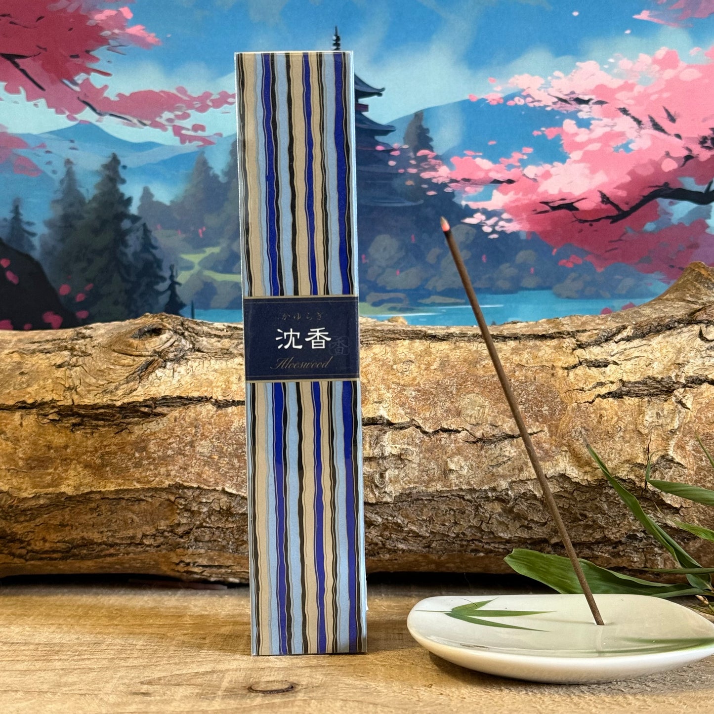 Kayuragi is so-called because the Japanese word ‘Ka’ means fragrance and ‘yarugi’ means slowly wafting smoke. These incense sticks are fragranced with the aroma of aloeswood and come complete with a small incense stick holder. The striped packaging is inspired by the colors and designs of Japanese kimono fabric.
Each of the Kayuragi Aloeswood incense sticks burns for approximately 25 minutes and provides a high quality aromatic incense experience.