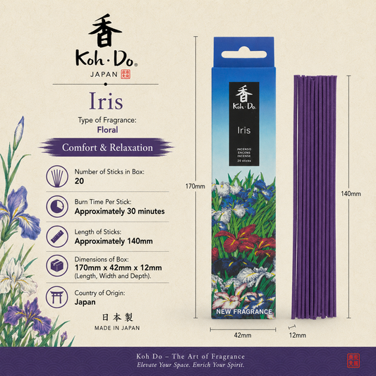 Unwind in gentle serenity with Koh-Do Iris incense by Nippon Kodo. This refined Japanese incense blends Florentine iris with soft lily of the valley, creating a sweet, velvety floral aroma. Each box contains 20 low-smoke sticks, burning for approx. 30 minutes to calm the mind and prepare for restful sleep. Ideal for evening rituals, meditation, and relaxation, this delicate fragrance brings warmth, peace, and the nurturing energy of nature into your sacred space.