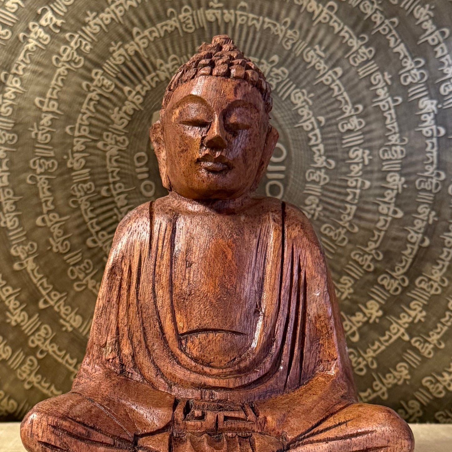 Hand carved 15cm wooden Buddha statue from Bali in the Dhyan Mudra. A serene meditation figure perfect for altars, sacred spaces and spiritual practice.
