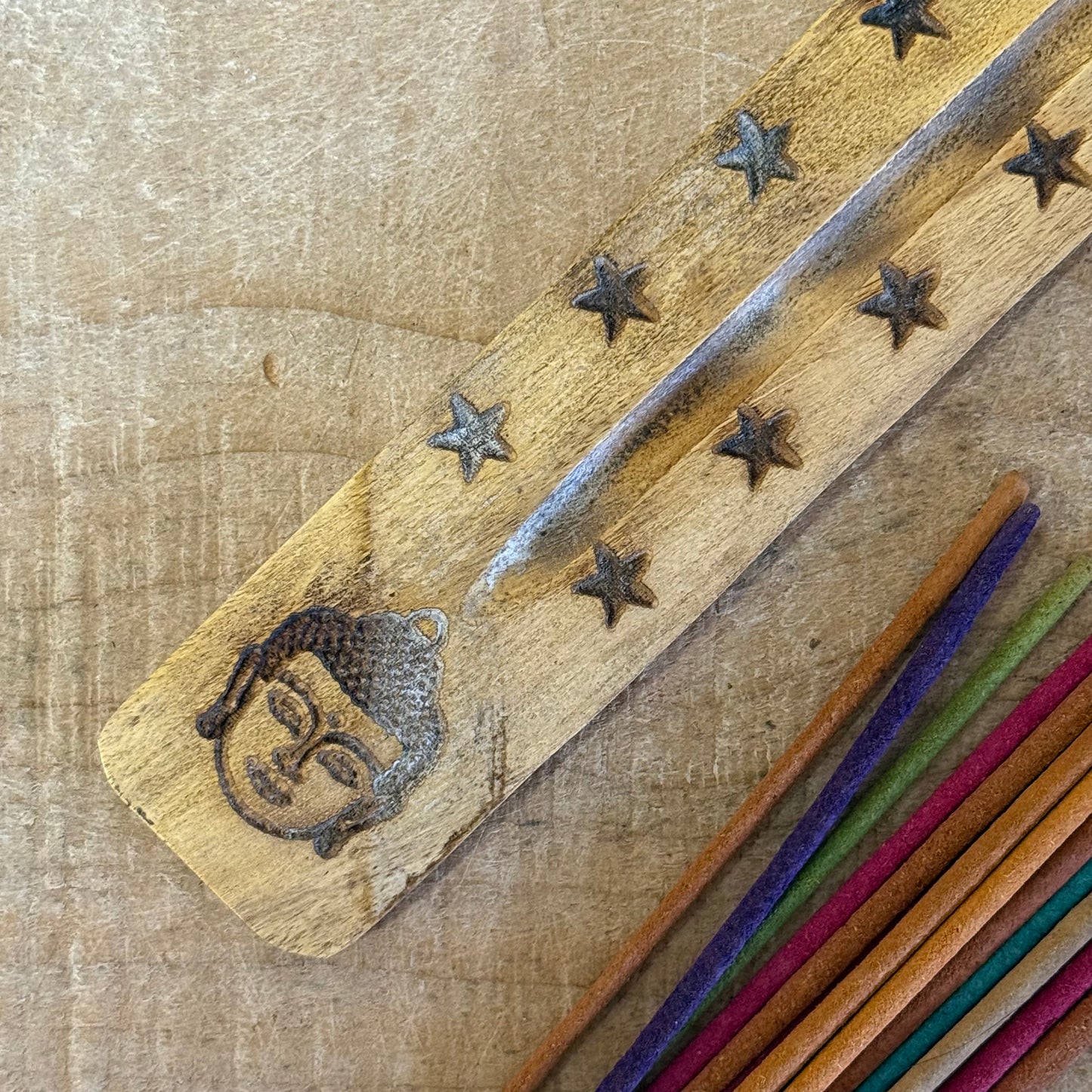 Natural mango wood incense ashcatcher with hand carved Buddha design 26cm