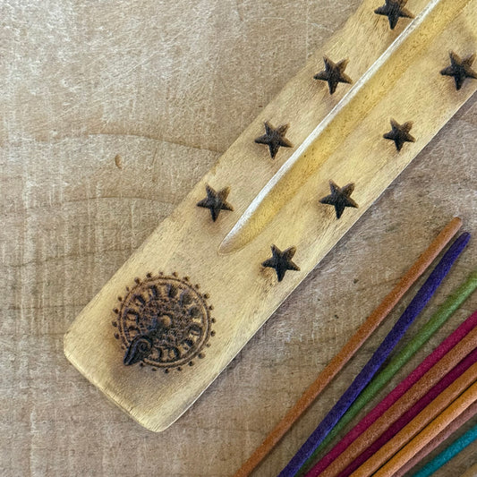 Natural mango wood incense stick holder with hand carved Moon Goddess design 26cm