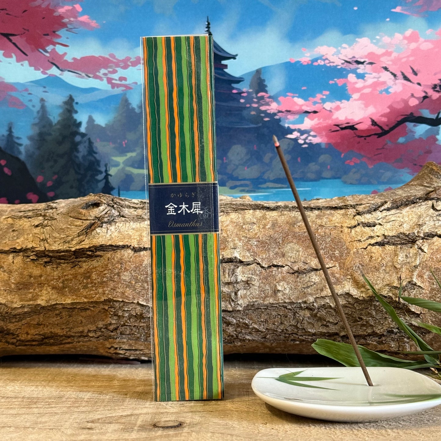 Osmanthus is a type of flowering plant that’s native to Asia and the incense has a mild, fruity and floral aroma. The box of 40 incense sticks comes attractively presented in a green, yellow and blue striped Paulownia wood box, complete with a small incense stick holder. The box design is inspired by the colours of traditional Japanese kimono fabric and provides a striking and colorful display. 