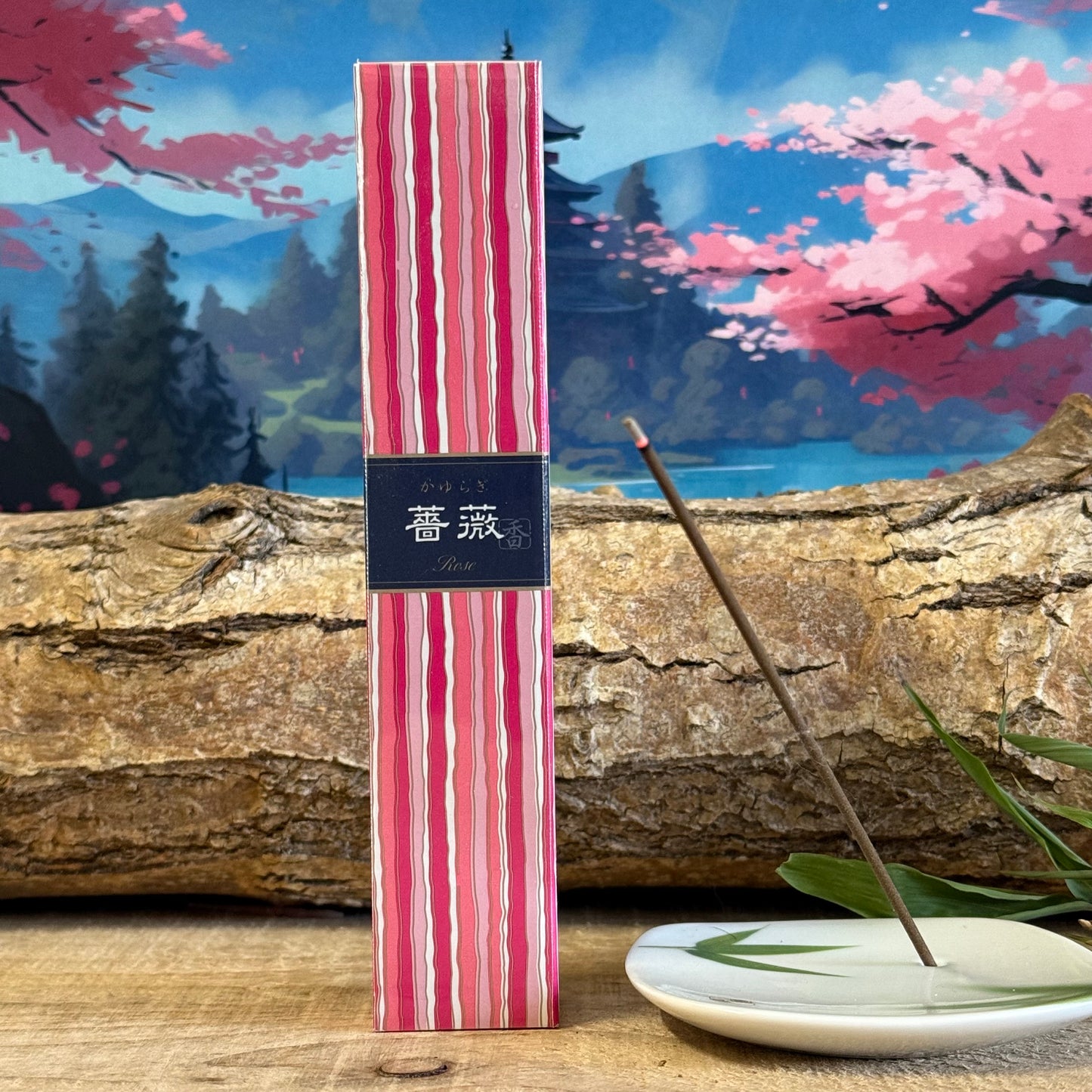 The Kayuragi Rose incense is a superior quality product that comes in the form of incense sticks. There are 40 incense sticks in the box, which has a stunning striped design in shades of pink - the sticks inside are a gorgeous pink colour too. This set is ideal for those new to burning incense who like floral fragrances, as it comes with a small incense stick holder.
The Kayarugi Rose incense has an elegant floral scent that conjures up reminders of blooming rose gardens. Each stick burns for approxi