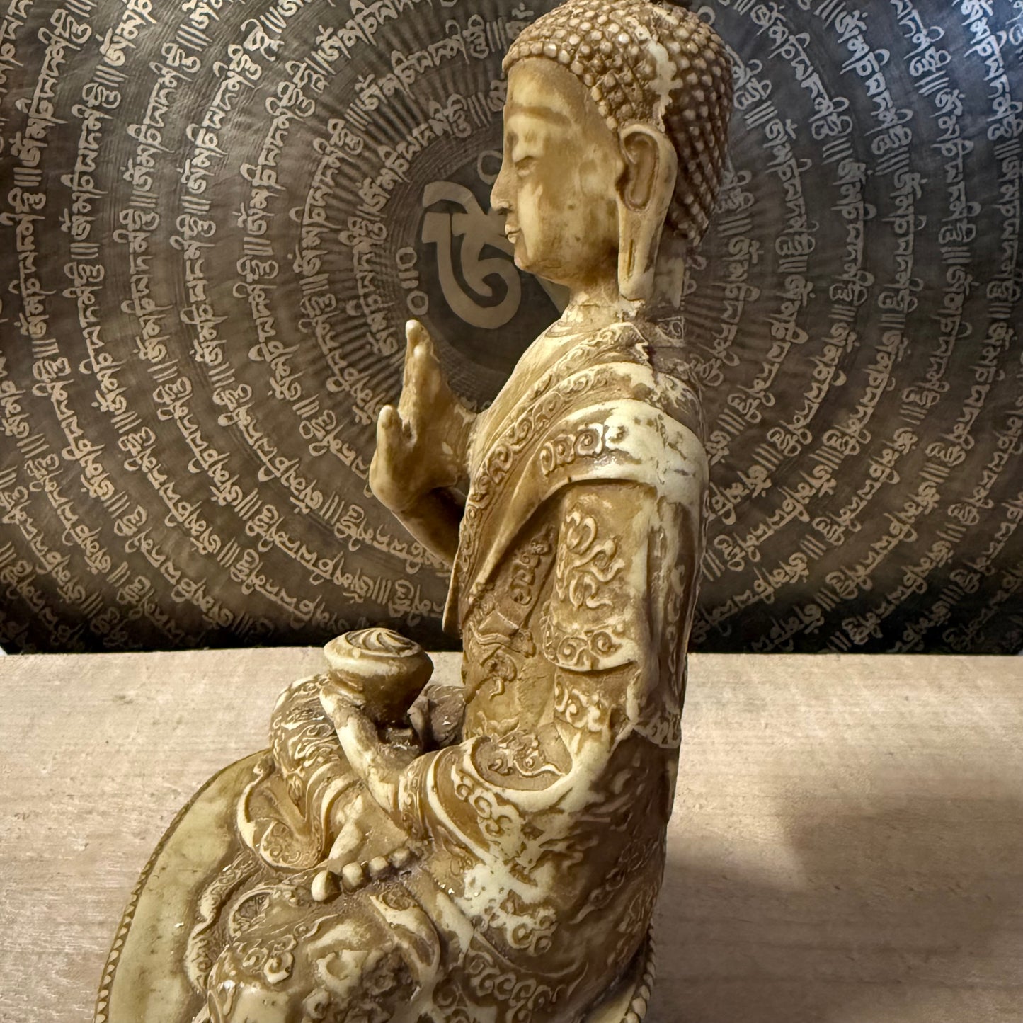 Handcrafted Amogasiddhi Buddha statue from Nepal, 19cm, symbol of protection and fearlessness