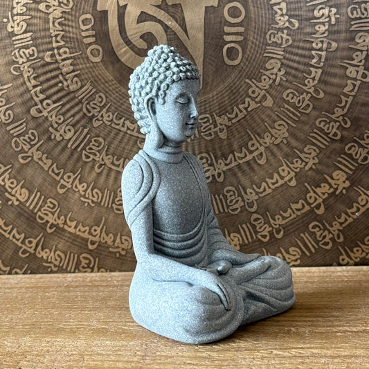 Small Thai Stone Buddha statue, 10cm tall, traditional Buddhist figurine for meditation spaces, Buddhist altars and spiritual home settings.