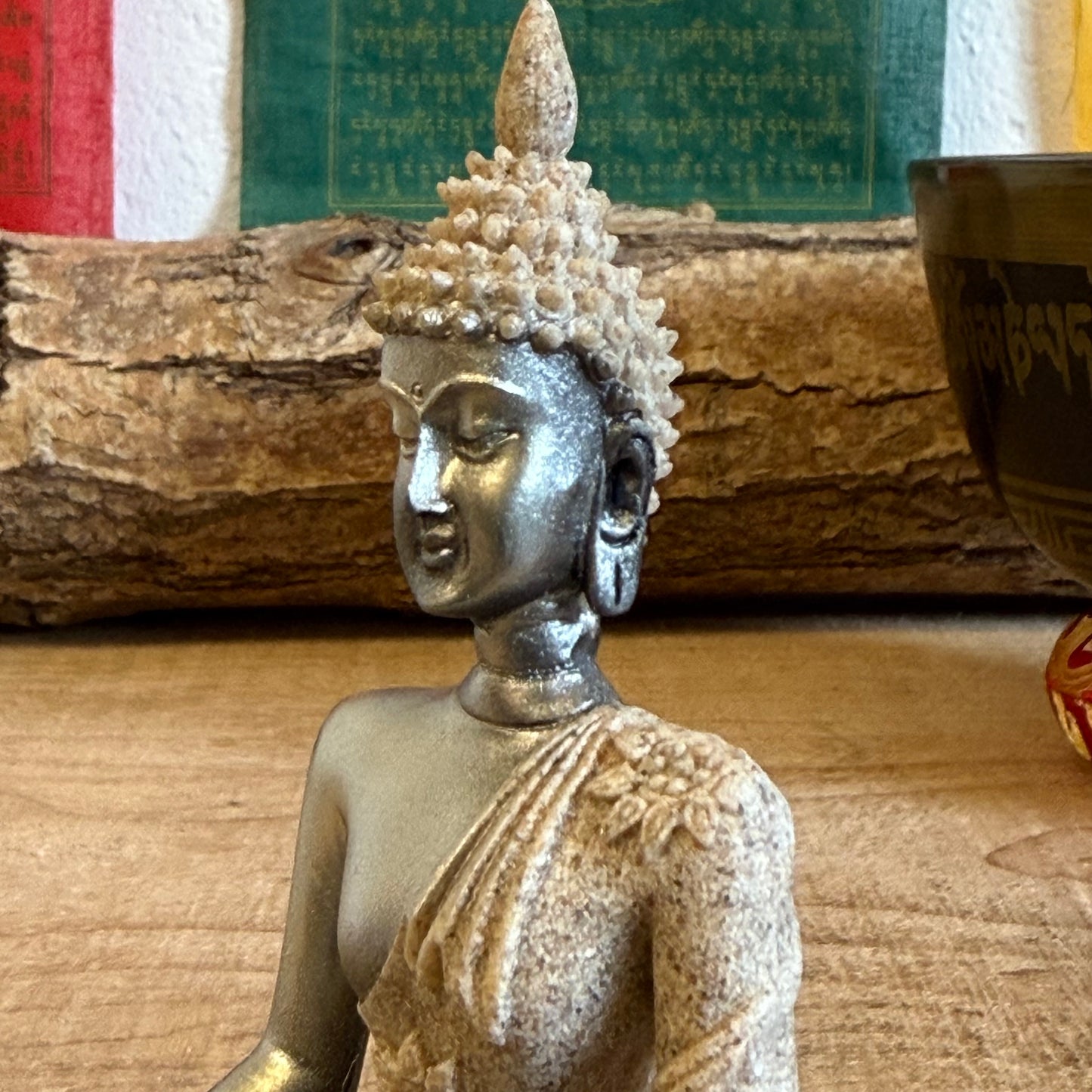 The dhyana (or meditation mudra) is commonly used in the Mahayana tradition of Buddhism, a path of compassion for all living beings. With this hand gesture, you place the right hand on top of the left hand, palms face up and thumbs lightly touching. The thumbs touch to symbolize the union and enlightenment of masculine and feminine in mind, body, and spirit. Typically this mudra is depicted with the hands resting in the lap or at the heart center.