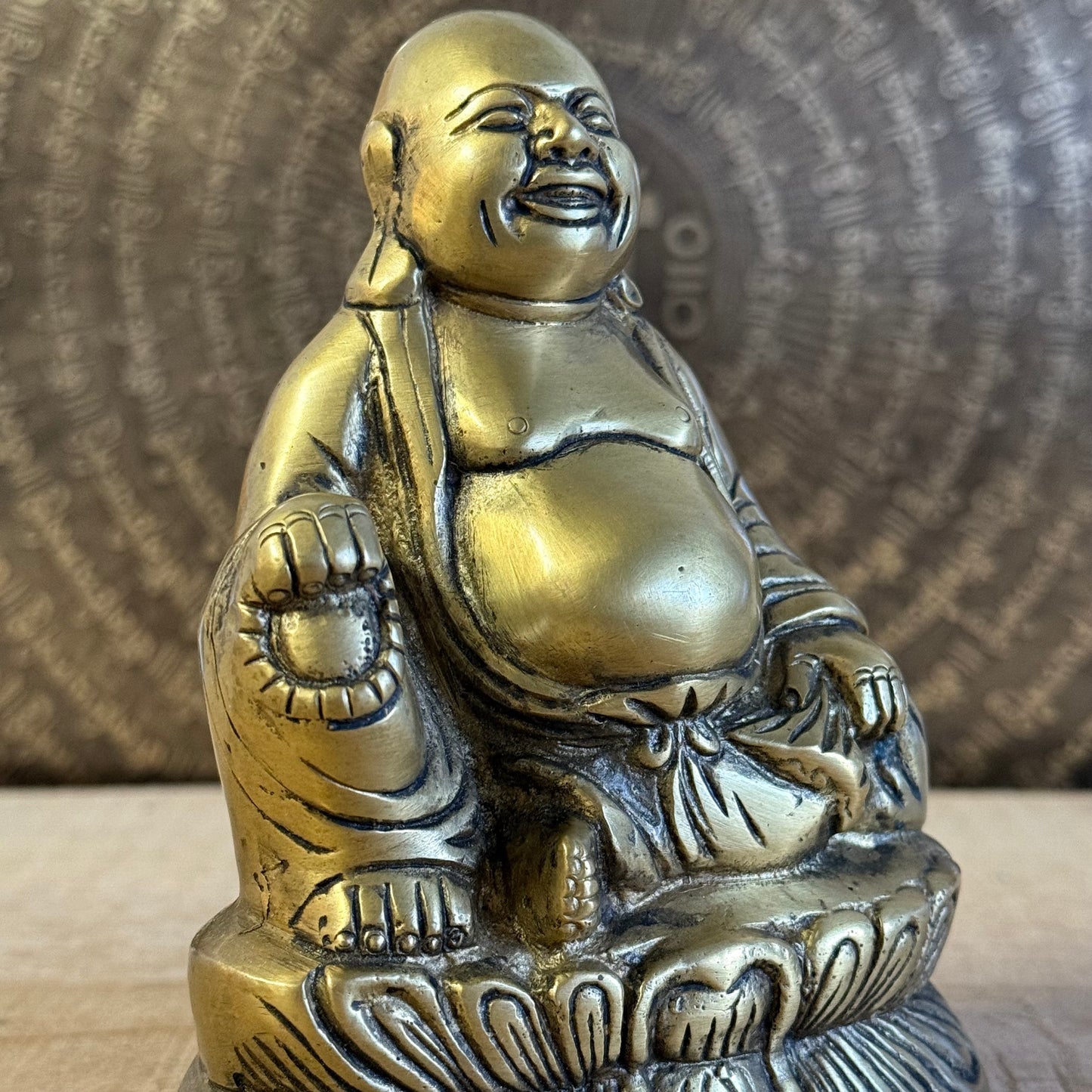 3 cm Laughing Buddha brass statue – Budai symbol of happiness and abundance.