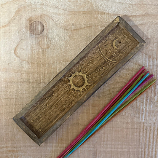 Zodiac incense holder and crystal tray in gold-stamped mango wood. A celestial ritual accessory for incense, crystals, and altar use.