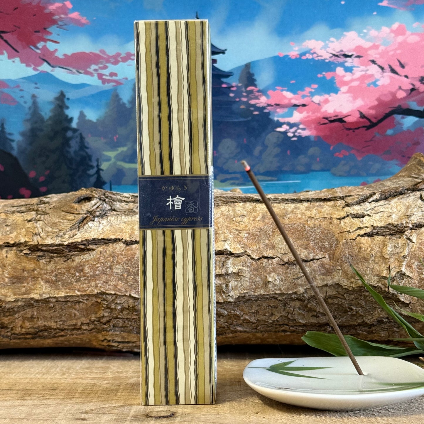 Known as Hinoki in Japan, the cypress trees are highly regarded and included as a popular fragrance in high quality incense products. The scent of cypress incense is fresh and calming, with a woody undertone.
The Kayuragi Japanese Cypress incense sticks come presented in a Paulownia wood box with an attractively designed stripe design on the lid – inspired by the colors of Japanese kimono fabric. The incense sticks are an olive green/brown colour, reflective of the natural environment of the cyp