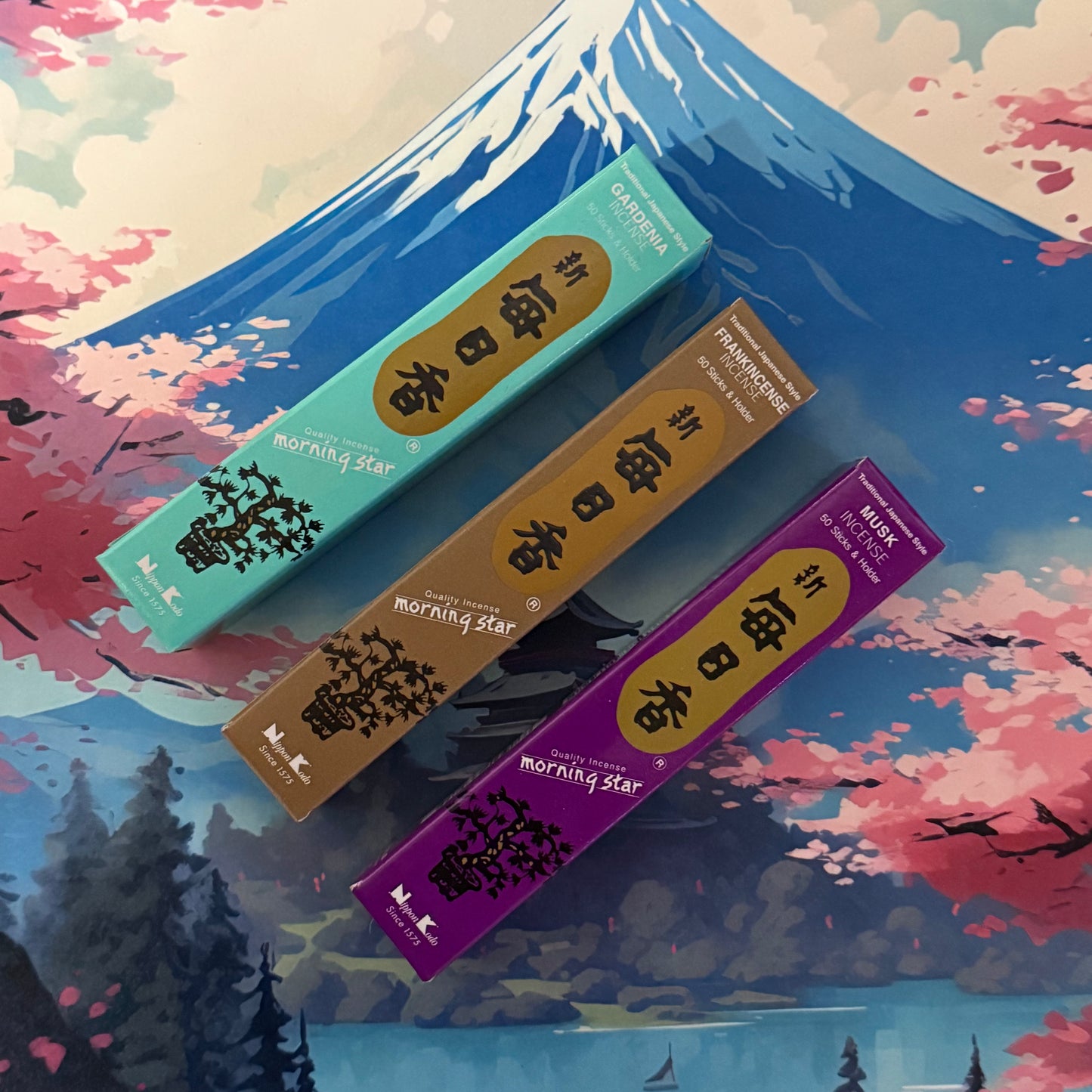 Morning Star Japanese incense gift set with Gardenia, Frankincense and Musk sticks