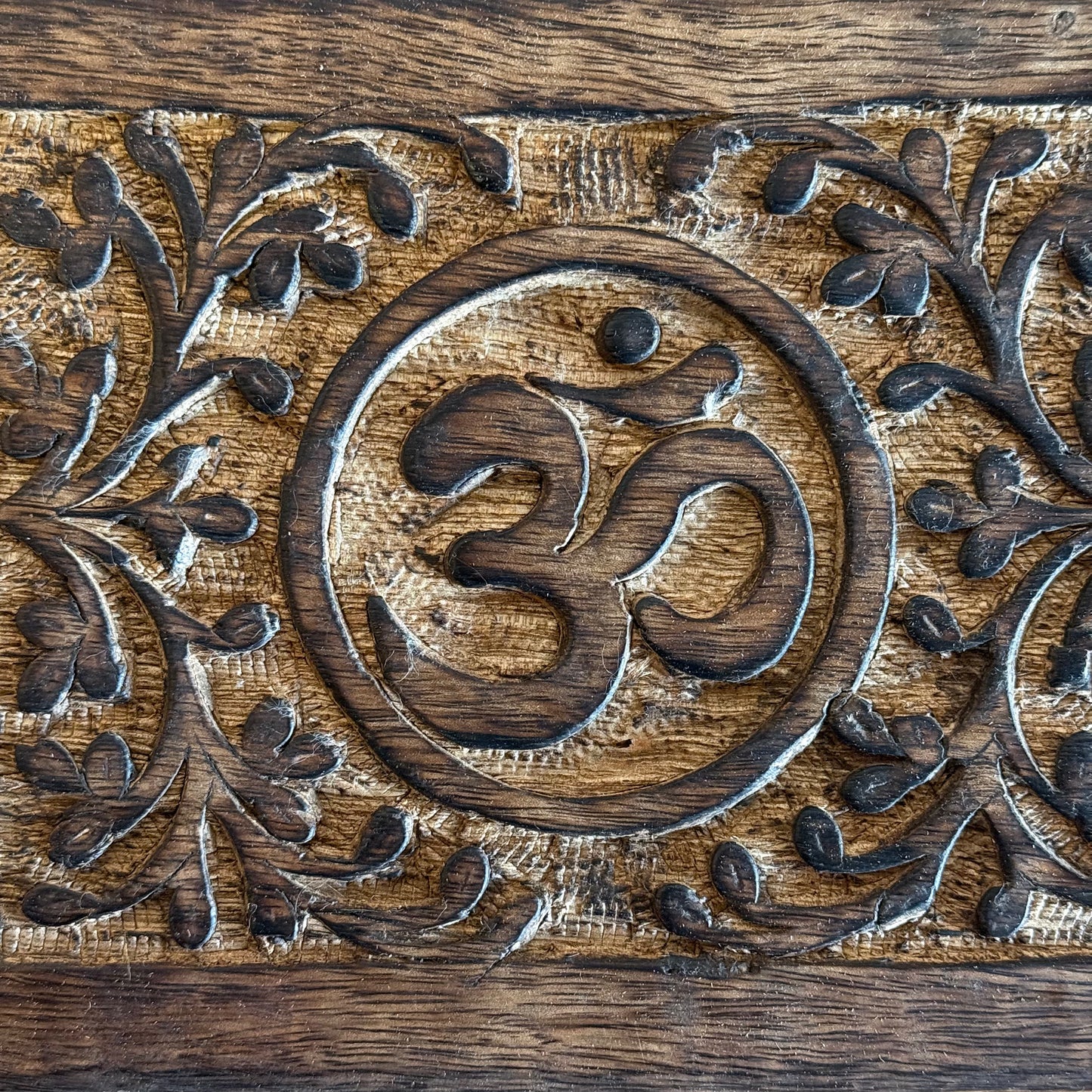 Hand-carved wooden keepsake box with Om design, mango wood storage box