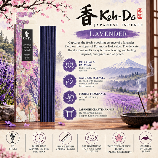 Koh-Do Lavender Japanese Incense by Nippon Kodo, 20 purple incense sticks with floral packaging.