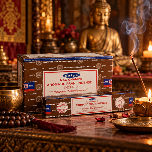 Satya Nag Champa Aromatic Frankincense Incense Sticks, 15g box with approx. 12 sticks. Rich, warm fragrance ideal for meditation and relaxation.