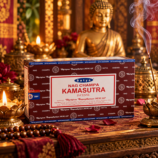 Discover the captivating fragrance of Satya Nag Champa Kamasutra Incense Sticks, created to bring a warm, exotic and sensual atmosphere to your surroundings. With its rich aromatic character, this incense is ideal for creating a relaxing ambience in the home, bedroom, meditation space or during moments of quiet reflection. The distinctive Satya fragrance is perfect for those who enjoy deeper, luxurious incense aromas with an inviting character. Each box contains 15g of incense with approximately 12 incense