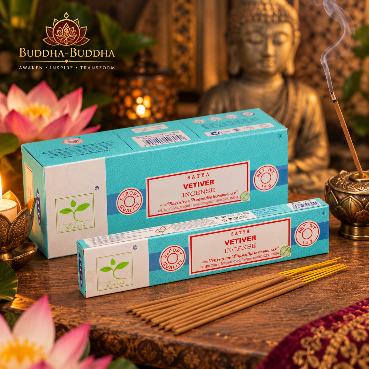 Satya Vetiver incense sticks 15g pack containing 10 fragrant incense sticks with an earthy, woody aroma.