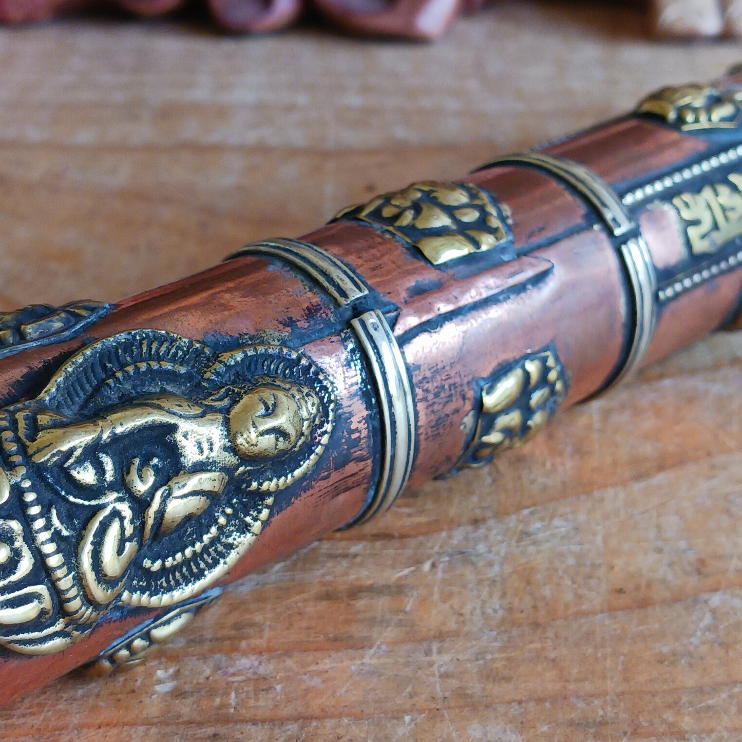 Elevate your sacred space with this hand-crafted Ritual Incense Holder, beautifully designed to store and display your incense with intention. Each piece is meticulously handmade and decorated with brass and copper Buddha detailing, offering a serene and artistic touch to your altar, meditation room, or home.