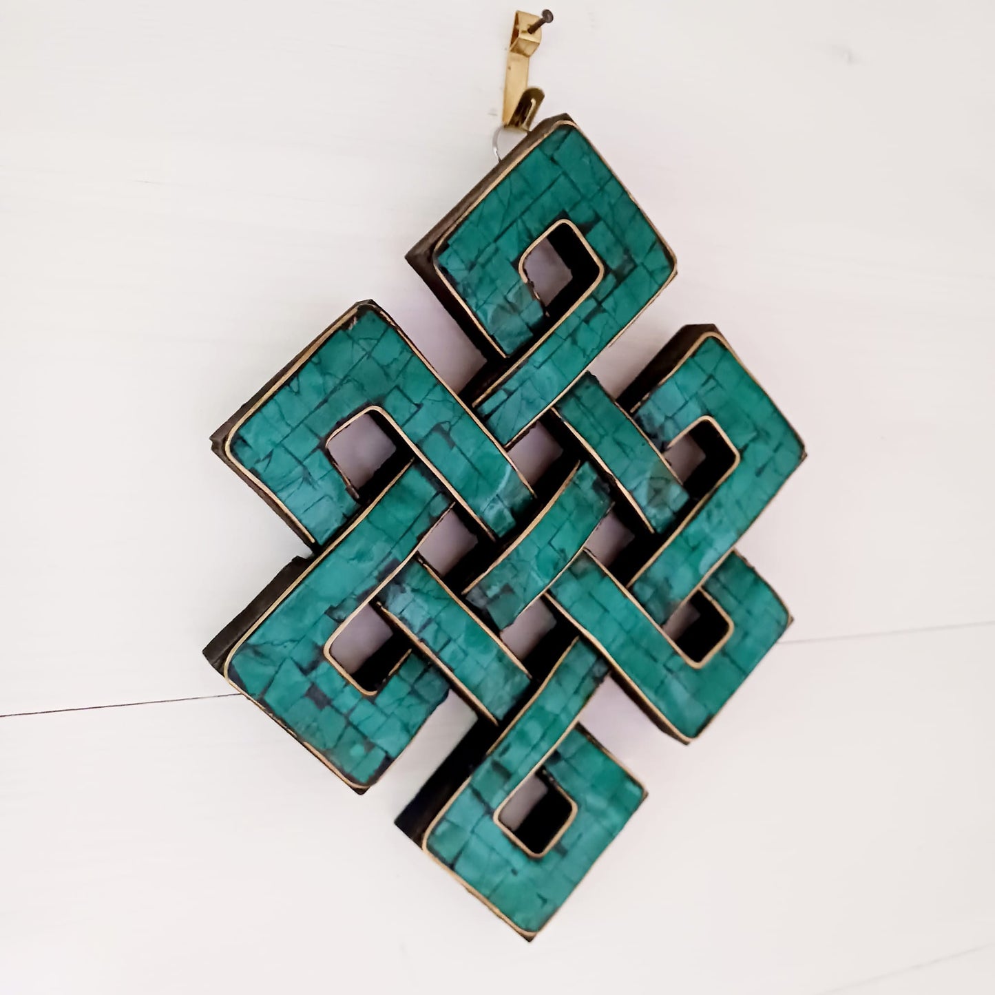 Tibetan Turquoise decorated Endless Knot wooden wall décor 19 X 15 cm