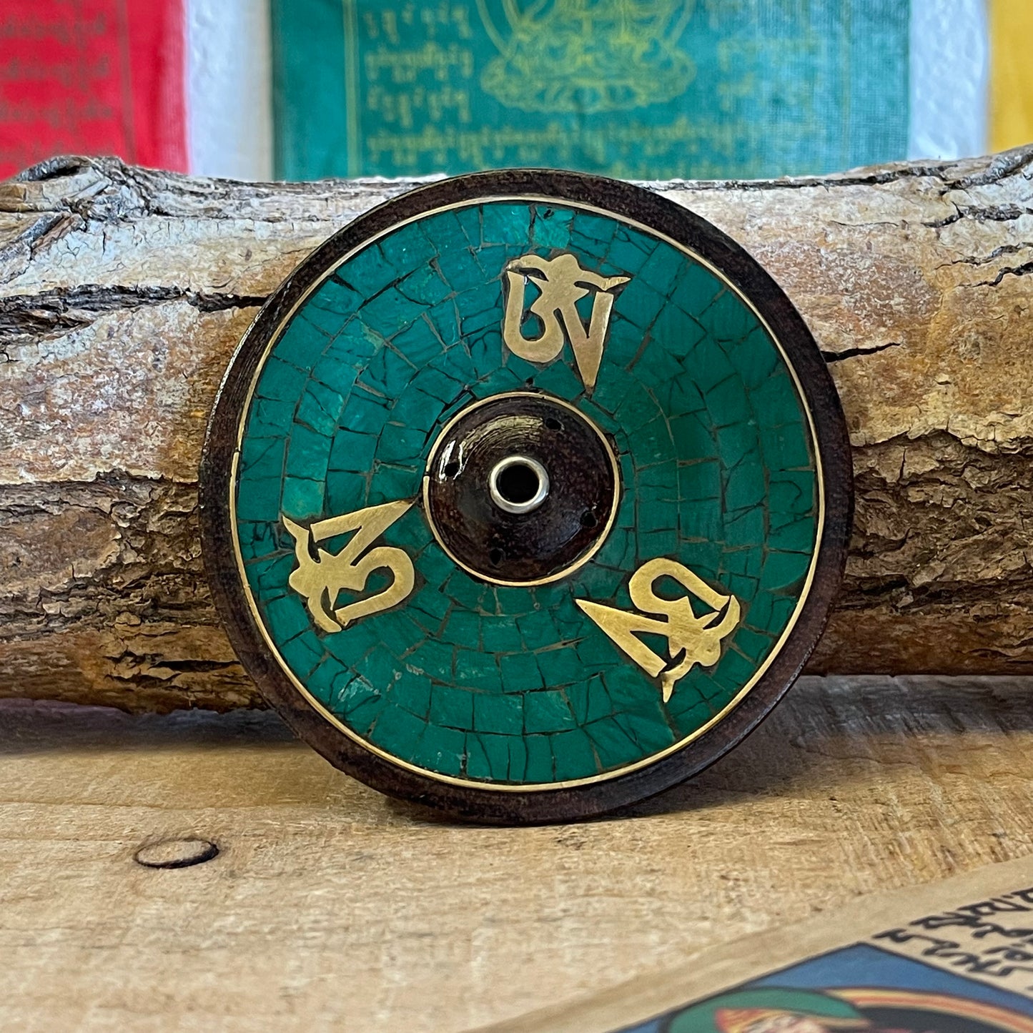 Tibetan Om Wooden Incense Burner Stone Inlay