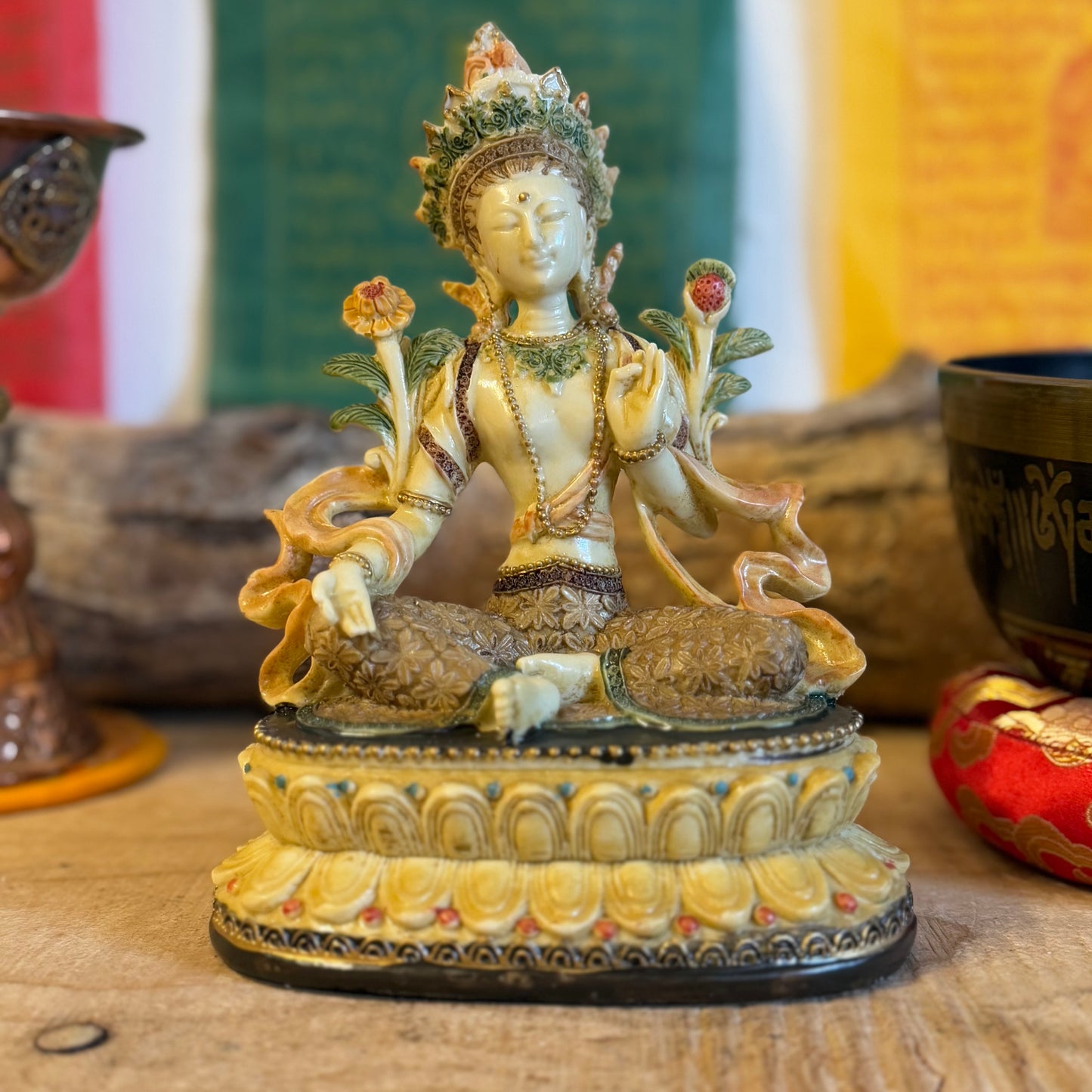 Green Tara Resin Cast Statue

Celebrate the dynamic grace of Green Tara, the revered goddess of compassion and swift action. These stunning resin cast statues capture her unique essence, easily recognized by her distinctive pose: one leg outstretched, ready to respond to the needs of those who call upon her.

Iconic Mudras: Her left hand forms the mudra of protection, a gesture that shields and defends, while her right hand holds the mudra of giving, symbolizing generosity and blessings.
Artistic Craftsmans