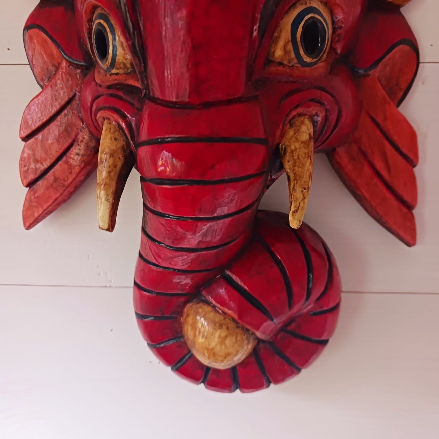 Hand Carved Ganesh Wooden Mask | Wall Hanging | Red