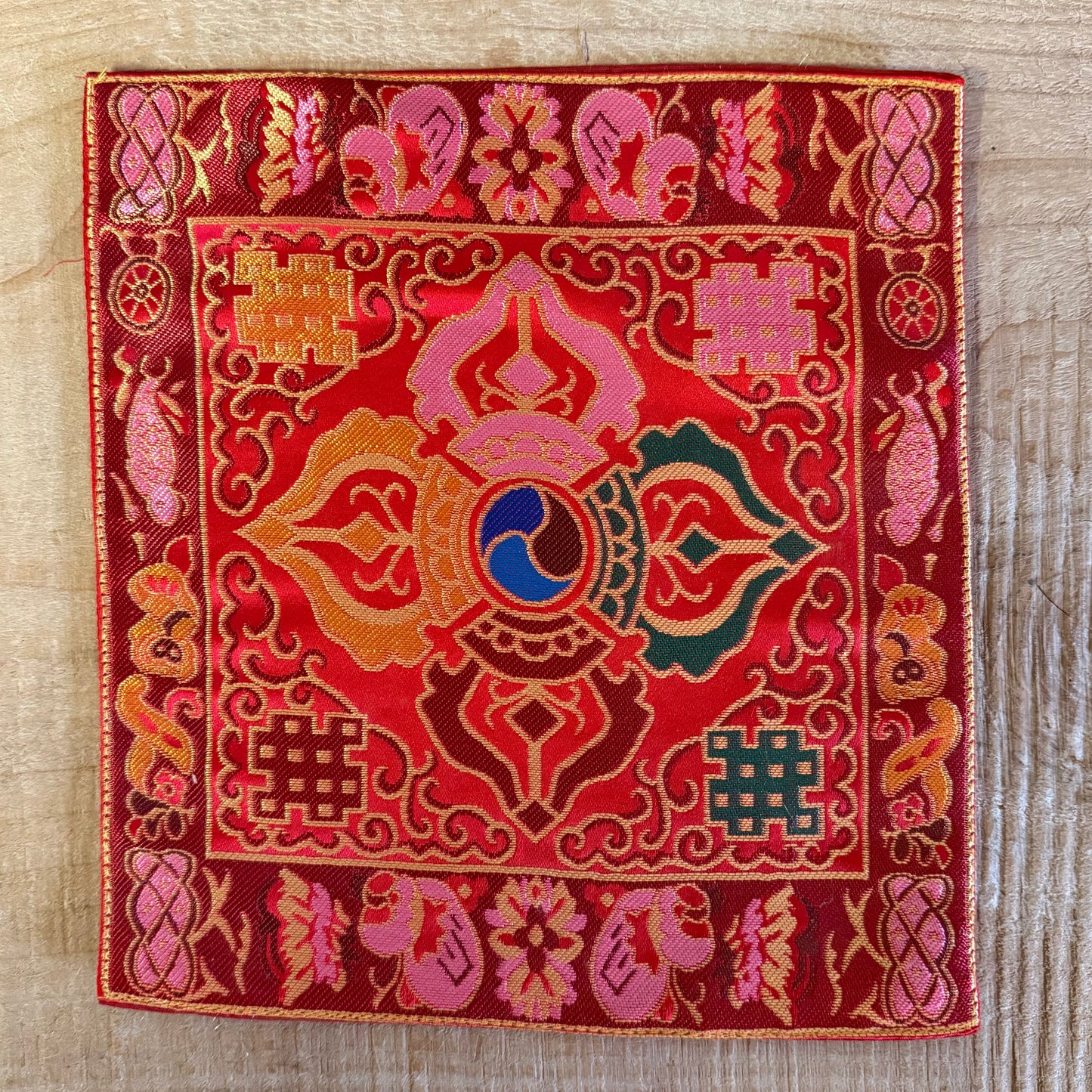 Tibetan Altar Cloth – Double Dorje Brocade Mat 22 x 22 cm