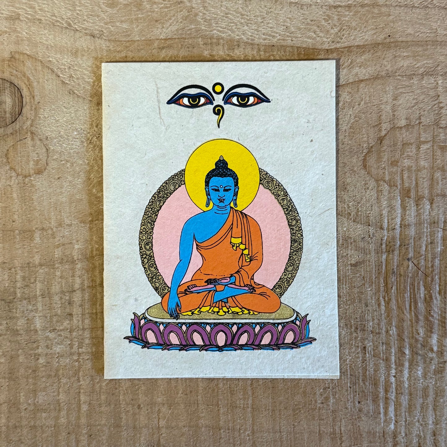 Handmade Akshobhya Buddha Lokta paper card from Nepal. Sustainable, artisan crafted, blank inside with envelope. Perfect for spiritual gifting.