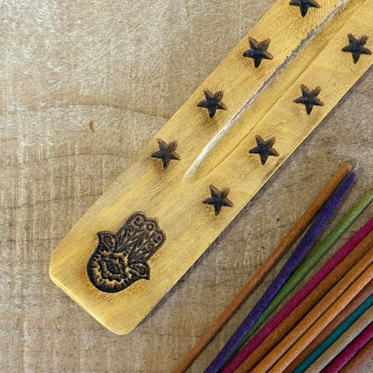 Natural mango wood incense ashcatcher with hand carved Hamsa design 26cm