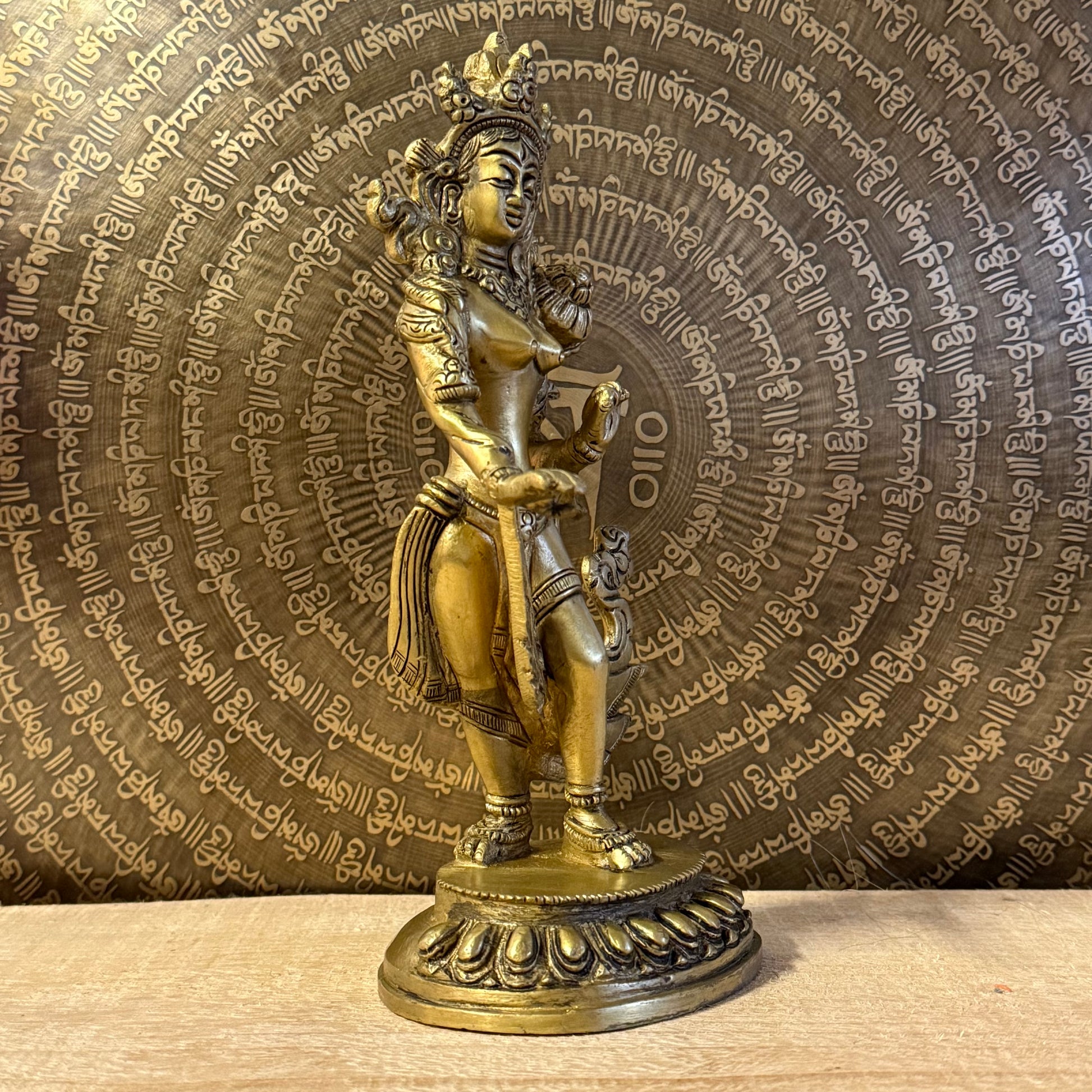 Traditional 23cm Green Tara brass statue for meditation, protection, and Buddhist practice. Handcrafted figure symbolising compassion and obstacle removal.
