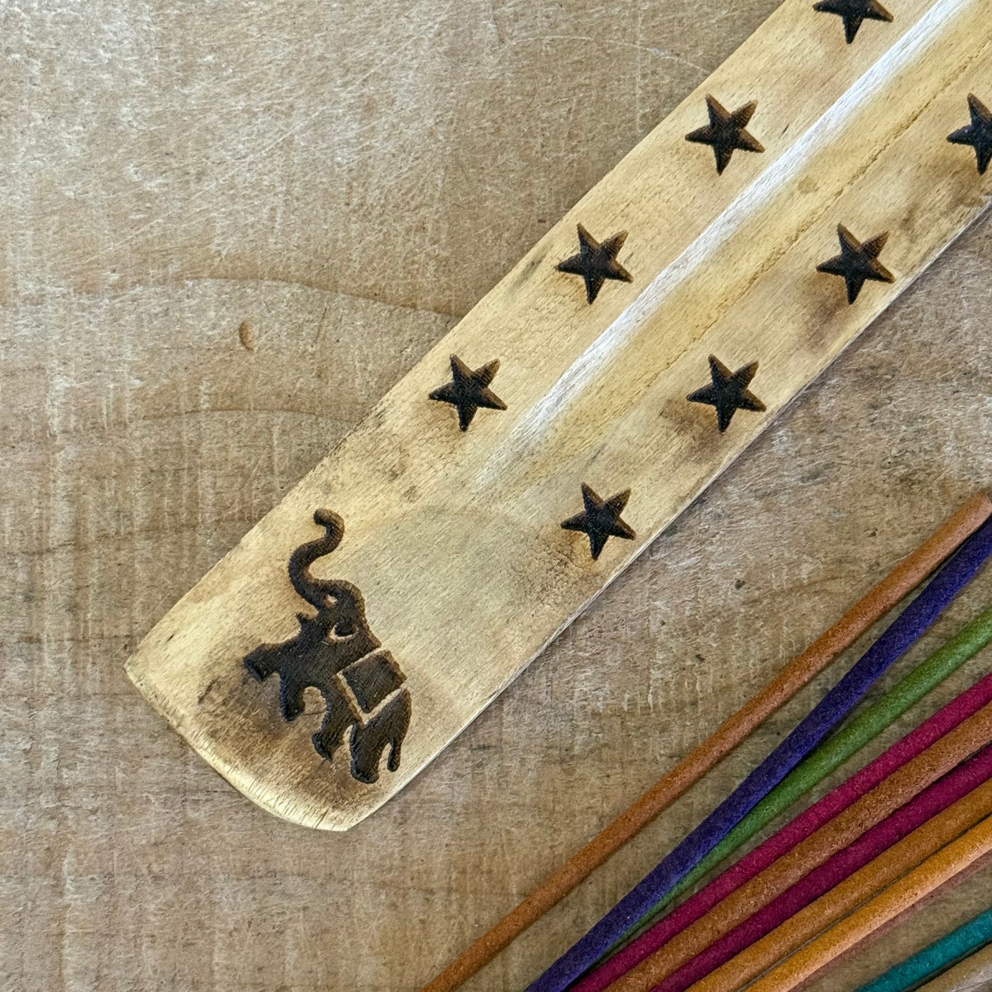 Natural mango wood incense stick holder with hand carved Ganesh design 26cm