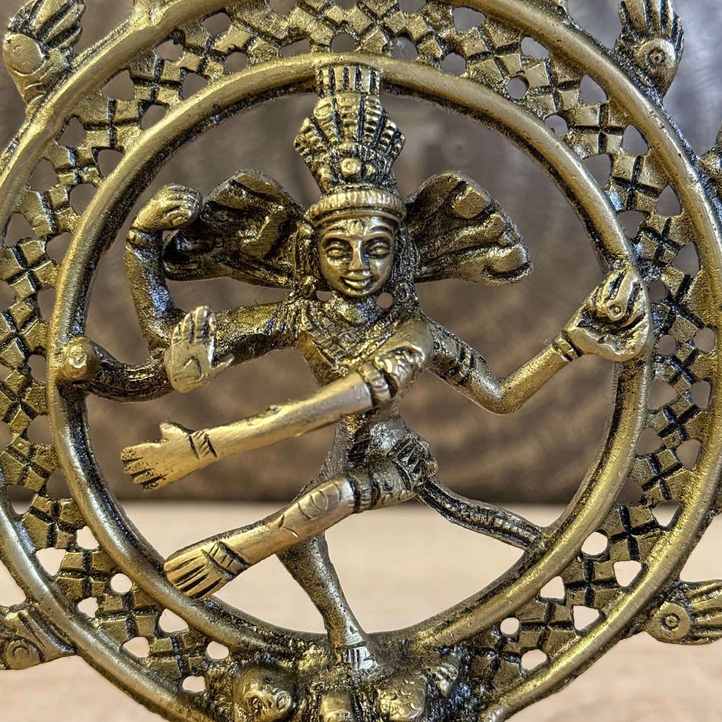 Shiva Nataraj brass statue, 15cm tall, cosmic dancer of creation and renewal.