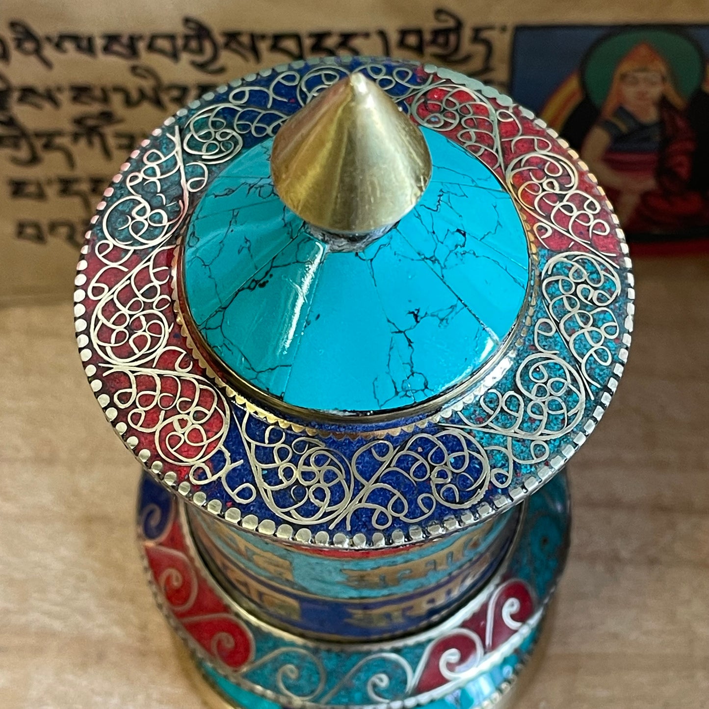 Prayer wheel with Om Mantra Stone chip (desk top) 14 cm