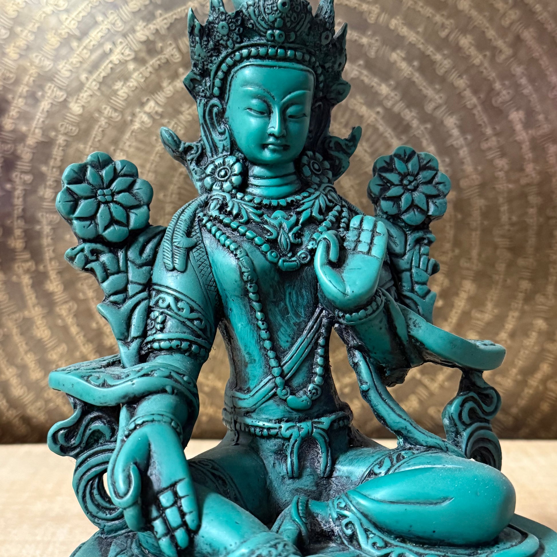 Green Tara 24cm green resin statue with detailed sacred mudras.
