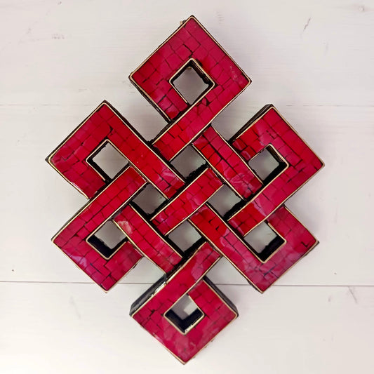 Tibetan Coral Stone Decorated Endless Knot wooden wall décor 19 X 15 cm