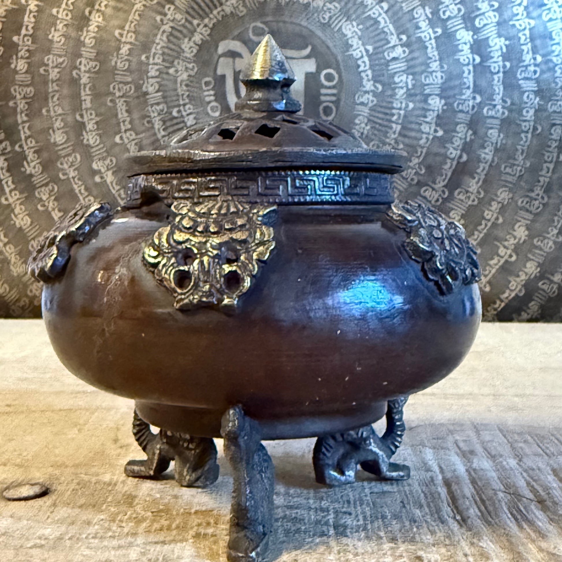 Brass Tibetan Incense Burner Six Symbols Standing Pot with Dragon Feet