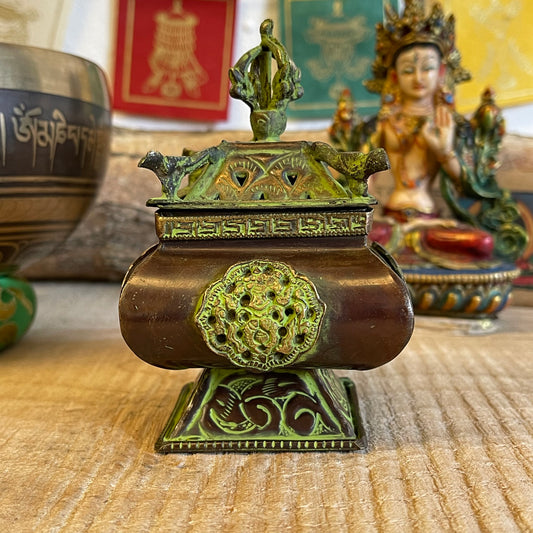Brass Verdigris Tibetan Burner - Four Symbols Square Standing Pot