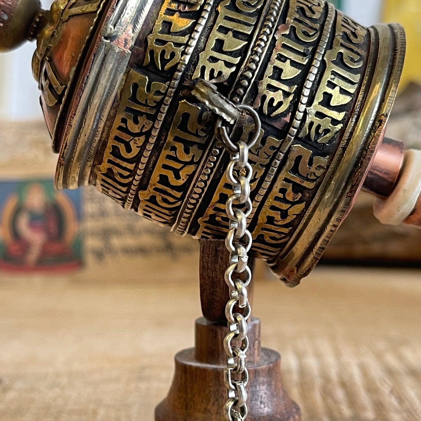 Copper prayer wheel 4 line mantra 26 cm