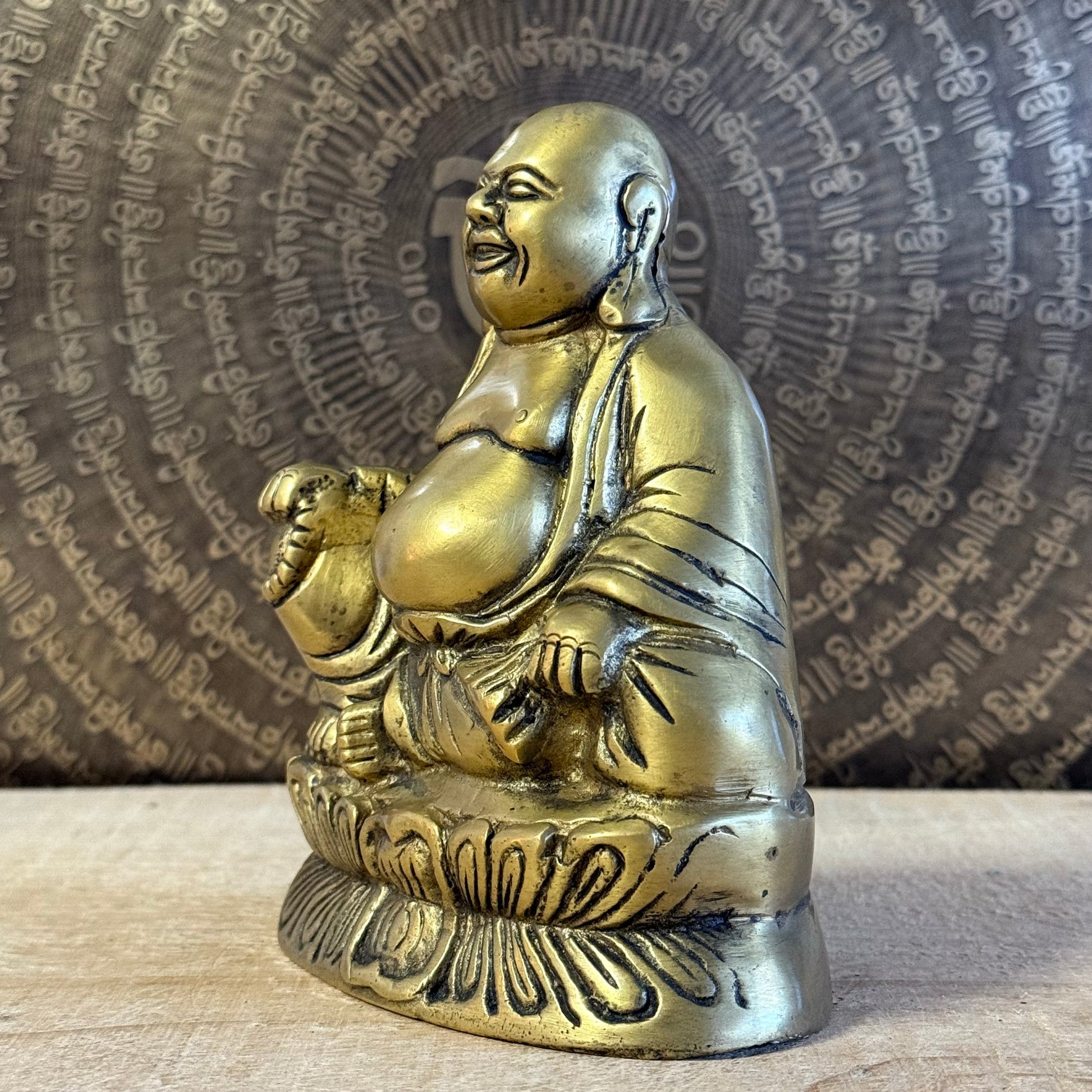 3 cm Laughing Buddha brass statue – Budai symbol of happiness and abundance.