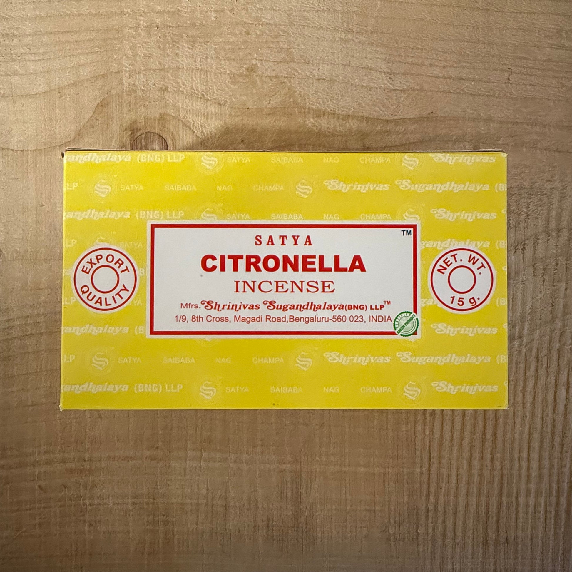 Satya Citronella incense sticks 15g from the Nag Champa Collection. Hand-rolled sandalwood masala incense for cleansing and meditation.