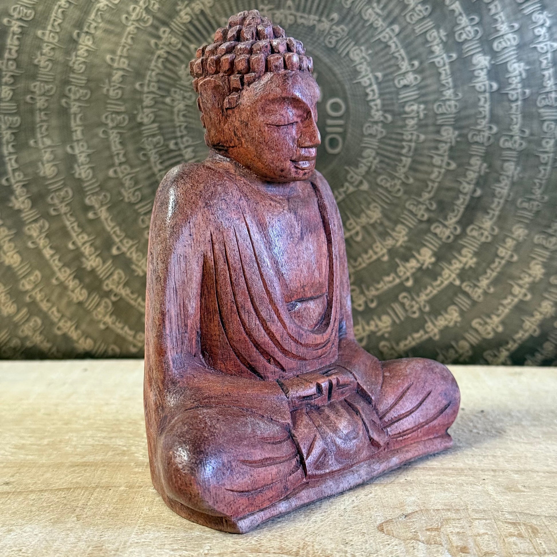 Hand carved 15cm wooden Buddha statue in Dhyan Mudra made from Raintree wood